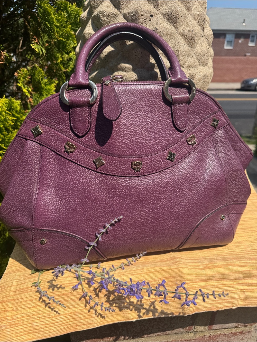 MCM Plum Purple Pebbled Leather Satchel Handbag